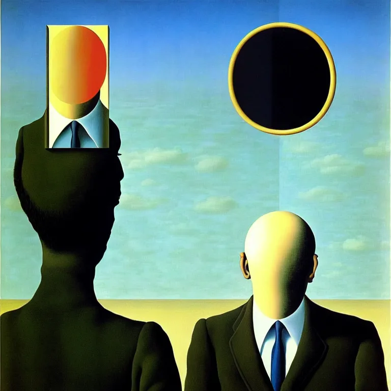 Image similar to a man looks into his own reflection and sees nothing, by rene magritte and salvador dali, surreal, oil on canvas, hyper detailed, vivid