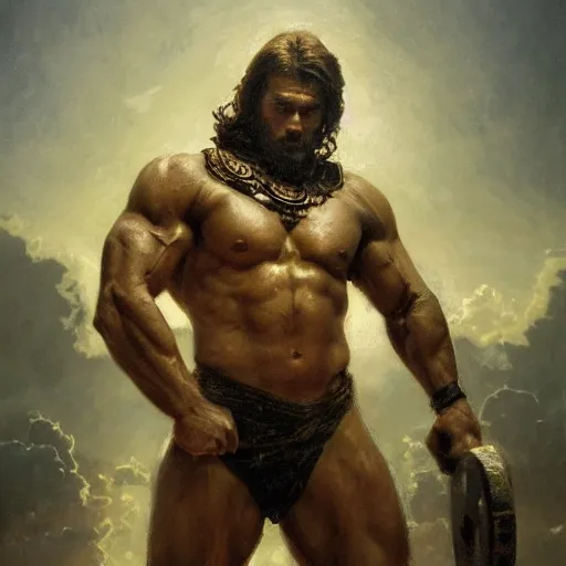 Image similar to handsome portrait of a spartan guy bodybuilder posing, radiant light, caustics, war hero, dmt, by gaston bussiere, bayard wu, greg rutkowski, giger, maxim verehin