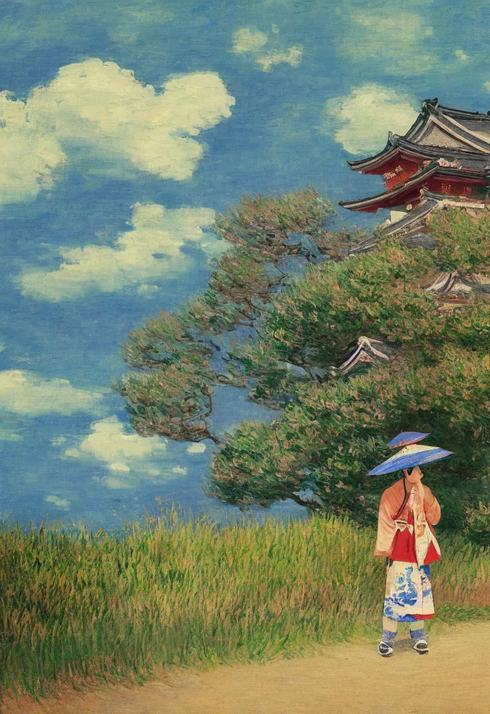 Prompt: tiny samurai in front of a beautiful japanese country side landscape, edo era house in the background, blue sky, magnificient clouds, lofi vibe, vivide colors, amazing light, really beautiful nature, oil painting, impressionist style, by jeremy lipkin, by claude monet, by ghibli, kandinsky touches, multiple brush strokes, masterpiece