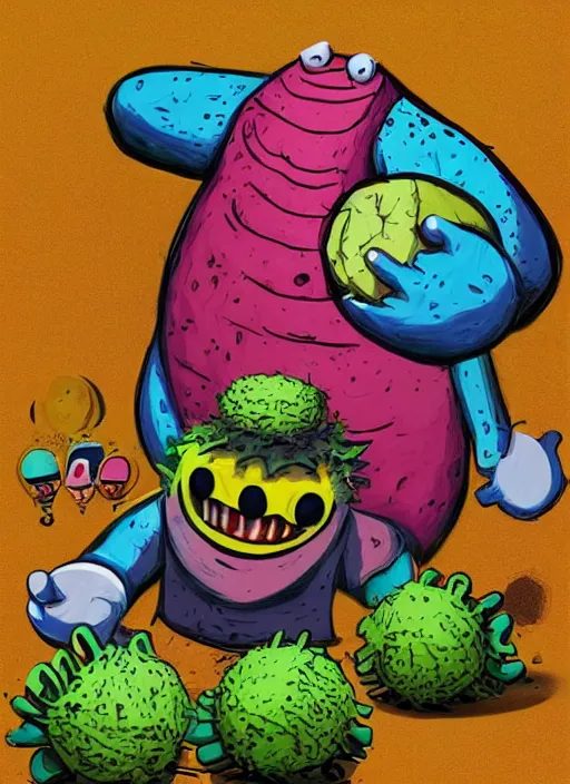 Image similar to good morning pancake and coffee monsters , a tennis ball monster ,tennis ball, colorful, digital art, fantasy, magic, trending on artstation, ultra detailed, professional illustration,chalk, poster artwork by Basil Gogos , clean