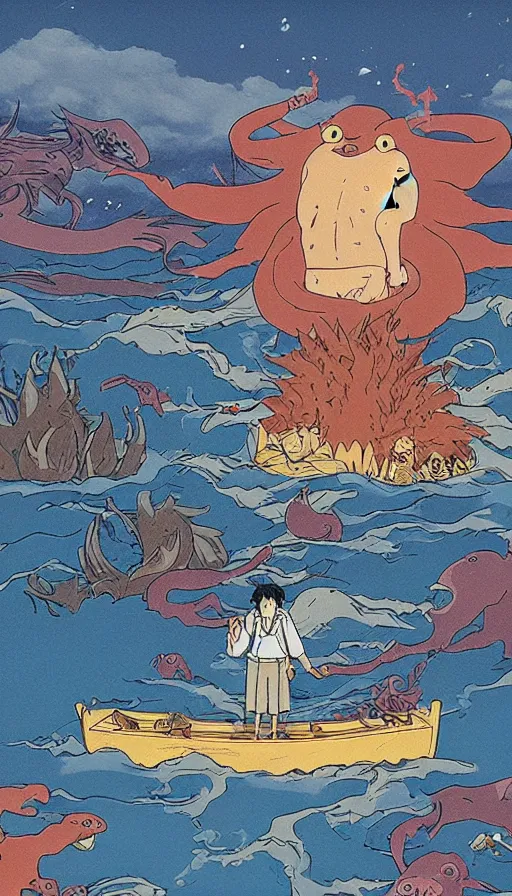 Image similar to man on boat crossing a body of water in hell with creatures in the water, sea of souls, by studio ghibli