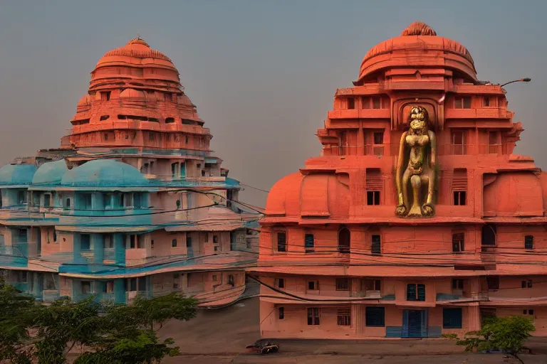 Image similar to beautiful dreamscape! biomorphic new delhi, hanuman!! head building, kalighat, octane sharp cinematic, stephen shore & john j. park, soft morning light, wide shot, high angle, uhd 8 k, shallow depth of field