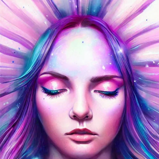 Image similar to a galaxy pink purple and blue colored, psychedelic ethereal portrait, kim petras with her eyes closed, transcending to a higher plane of existence, eternal blessing, multiverse, by android jones, by ben ridgeway, visionary art, by artgerm, featured on artstation, cgsociety, by greg rutkowski