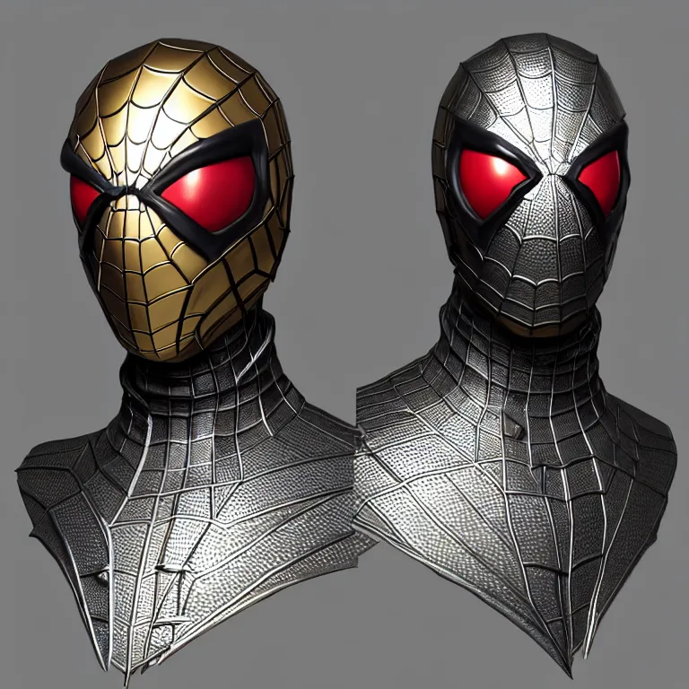 Image similar to steampunk spiderman bust shot, 3 d render, 3 d rendering, hdr, dynamic lighting, unreal engine, shiny, metallic, reflective, perfect, black gradient background