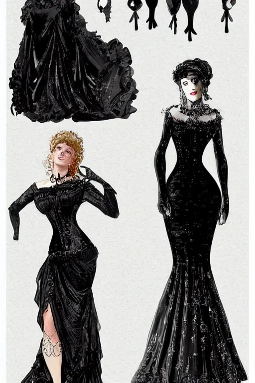 Prompt: Pretty victorian woman in a black shiny dress, fullbody portrait, character concept art