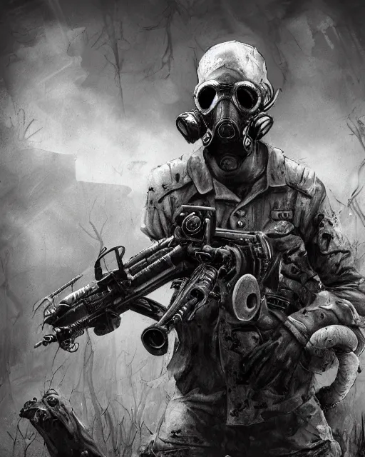 Image similar to a soldier zombie with a gas mask, pile of skulls, horror, black and white, fantasy art, monster art, illustration, fantasy, intricate, hyper detailed, artstation, concept art, smooth, sharp focus, ray tracing