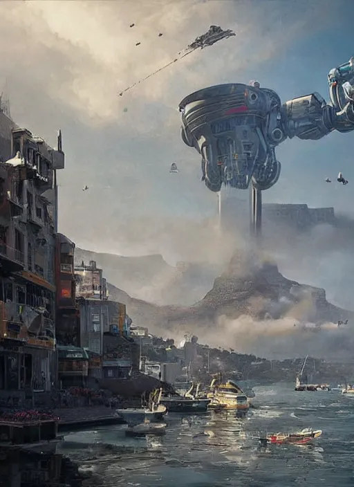 Image similar to hyper realistic robot attacking cape town city harbor beautiful details, strong composition painted by kim jung guweta studio rutkowski, james gurney and greg rutkowski, and lucasfilm