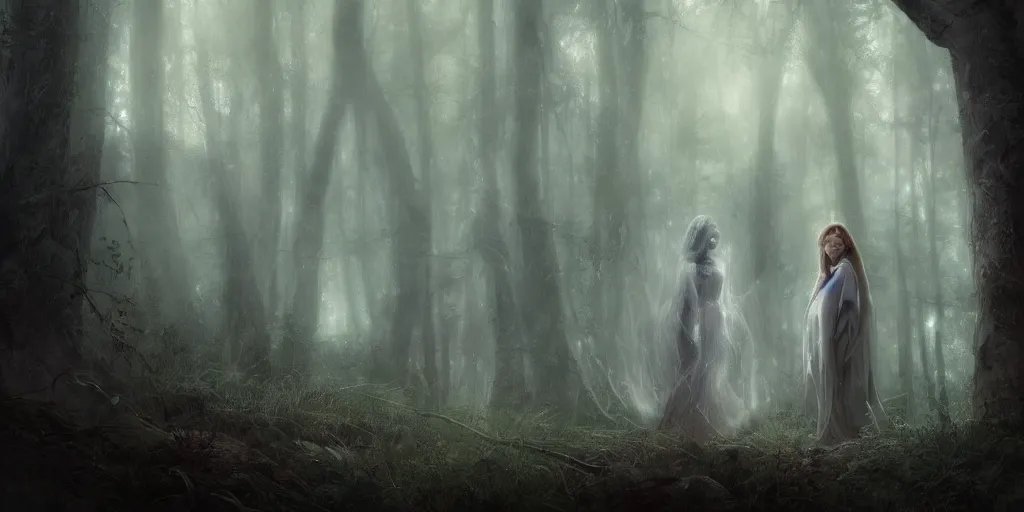 Prompt: a close up portrait of the ghost lady with a wood spirit in the trees with misty will o the wisp, photorealistic, by jessica rossier, wlop, 4 k resolution h 7 6 8