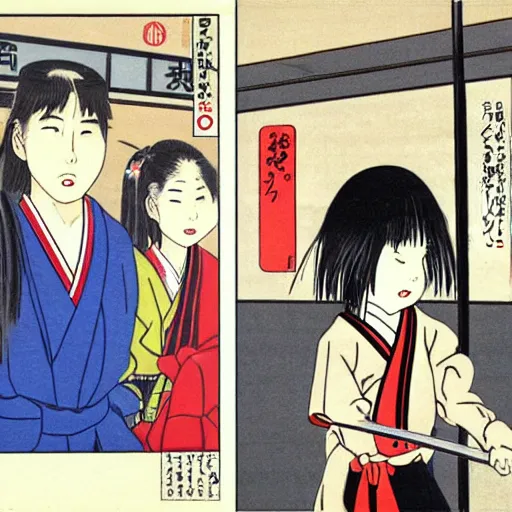 Image similar to Japanese schoolgirl runs away from Samurai with a katana on the subway by Toshio Saeki