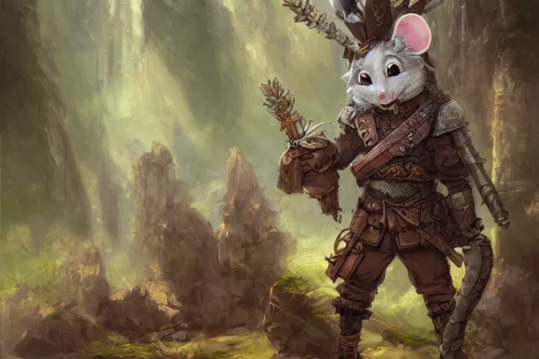 Image similar to dungeons and dragons fantasy painting, portrait of an ashigaru mouse rifleman, whimsical and cute, determined expression, watery eyes, anime inspired by krenz cushart, light grey fur, tufty whiskers, feathered arrows, bamboo forest, dawn lighting, by brian froud jessica rossier and greg rutkowski