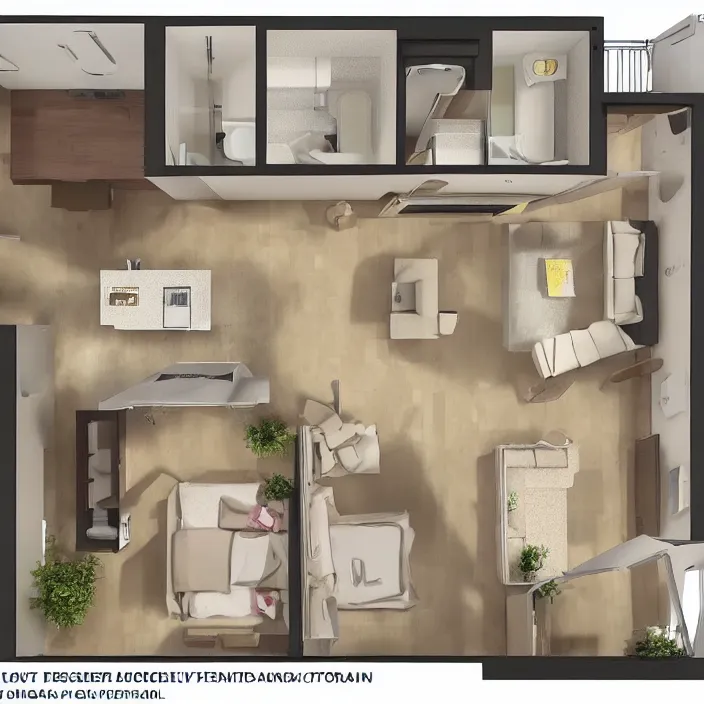 Image similar to overhead floor plan view of an apartment with absolutely zero cougars ( puma concolor ) hiding in the kitchen