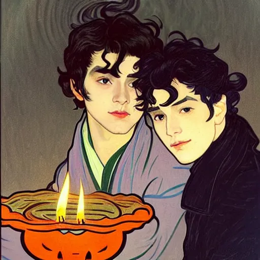 Image similar to painting of young cute handsome beautiful dark medium wavy hair man in his 2 0 s named shadow taehyung and cute handsome beautiful min - jun together at the halloween! party, bubbling cauldron!, candles!, smoke, autumn! colors, elegant, wearing suits!, clothes!, delicate facial features, art by alphonse mucha, vincent van gogh, egon schiele