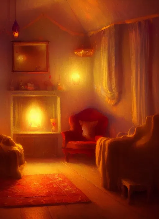 Prompt: beautiful interior of a cozy cottage, delphin enjolras, goro fujita, makoto shinkai, paul lehr, volumetric lighting, exquisite lighting, octane render, very coherent, trending on artstation