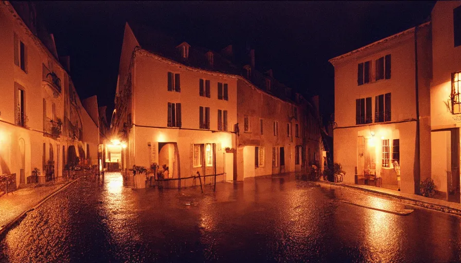 Prompt: 1 9 7 0 s movie still of a heavy burning french style townhouse in a small french village by night rain, cinestill 8 0 0 t 3 5 mm, heavy grain, high quality, high detail, dramatic light, anamorphic, flares