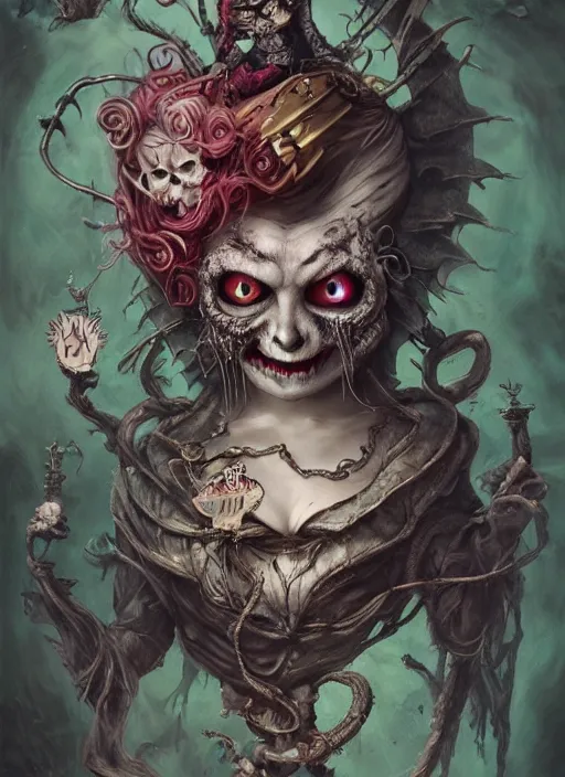 Prompt: Queen of Hearts with Cheshire Cat, Death Tarot card,highly detailed,half skull face,cinematic,8k,by Stanley Artgermm,Tom Bagshaw,Greg Rutkowski,Carne Griffiths, Ayami Kojima, Beksinski, Giger,trending on DeviantArt,hyper detailed,horror, full of colour