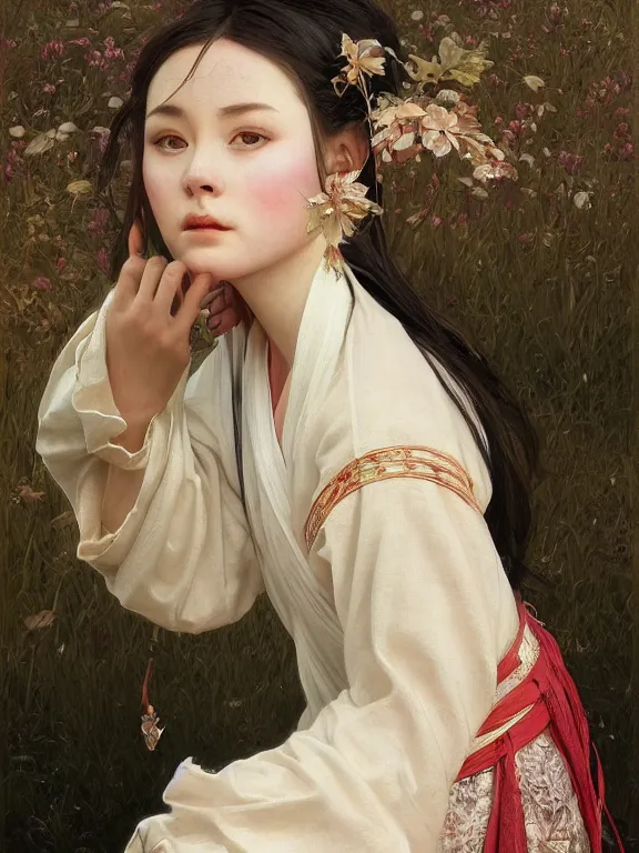 Image similar to portrait of a beautiful seductive slightly plump european girl wearing hanfu, farm background, fantasy, d & d, dark eyeliner, intricate, elegant, highly detailed, digital painting, artstation, concept art, matte, sharp focus, illustration, art by greg rutkowski and alphonse mucha