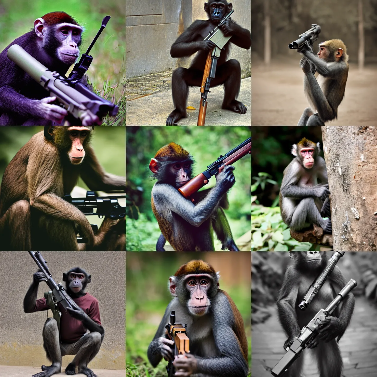 Prompt: a photo of a monkey holding a sniper rifle, photography, 3 5 mm