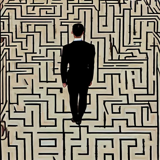 Image similar to A suited man standing in the middle of a head-shaped maze, overhead shot, wide shot, painting, stylistic, art by Norman Rockwell