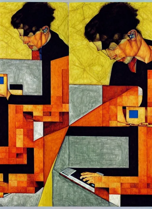 Image similar to mexican creative coder with a computer in geometric harmony, by egon schiele and quint buchholz, portrait, colorful, escher++, detail