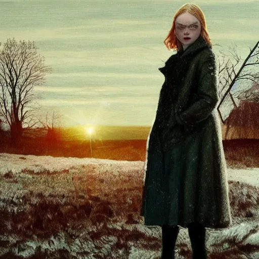 Prompt: Elle Fanning in a snowy field, head and shoulders masterpiece, apocalypse, golden hour, cosmic horror, artstation, in the style of Andrew Wyeth and Edward Hopper, extremely detailed