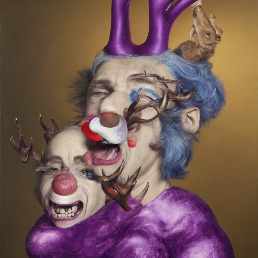 Prompt: rare hyper realistic portrait painting by dutch masters, studio lighting, brightly lit purple room, a blue rubber ducky with antlers laughing at a giant crying rabbit with a clown mask