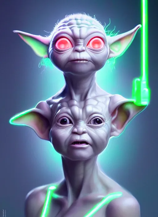 Image similar to portrait of baby yoda cyber humanoid, intricate, elegant, cyber neon lights, highly detailed, digital painting, artstation, glamor pose, concept art, smooth, sharp focus, illustration, art by artgerm and greg rutkowski