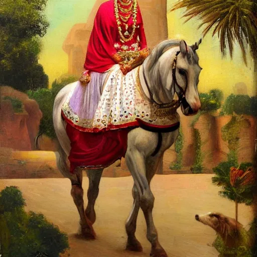 Image similar to a painting of a woman riding a white horse, an oil on canvas painting by raja ravi varma, featured on deviantart, qajar art, detailed painting, oil on canvas, acrylic art