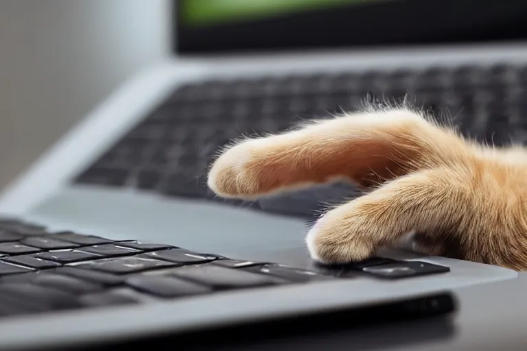 Prompt: a cat's paw stretching out to touch the keyboard from a laptop screen