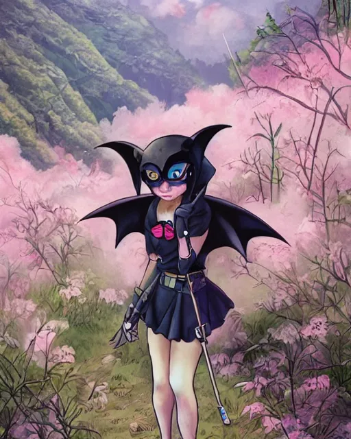 Image similar to a girl in a cute bat costume on a hike in the appalachian mountains, full shot, focused, ambient lighting, detailed, art by ayami kojima, makoto shinkai, kilian eng