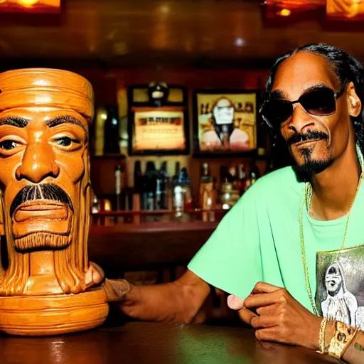 Image similar to snoop dogg at trader vic's bar holding a tiki mug with his face on it