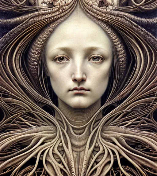 Prompt: detailed realistic beautiful lily goddess face portrait by jean delville, gustave dore, iris van herpen and marco mazzoni, art forms of nature by ernst haeckel, art nouveau, symbolist, visionary, gothic, neo - gothic, pre - raphaelite, fractal lace, intricate alien botanicals, ai biodiversity, surreality, hyperdetailed ultrasharp octane render