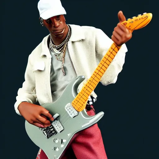 Image similar to Travis Scott playing guitar, as a figurine, studio, light, trending on artstation, 8K,