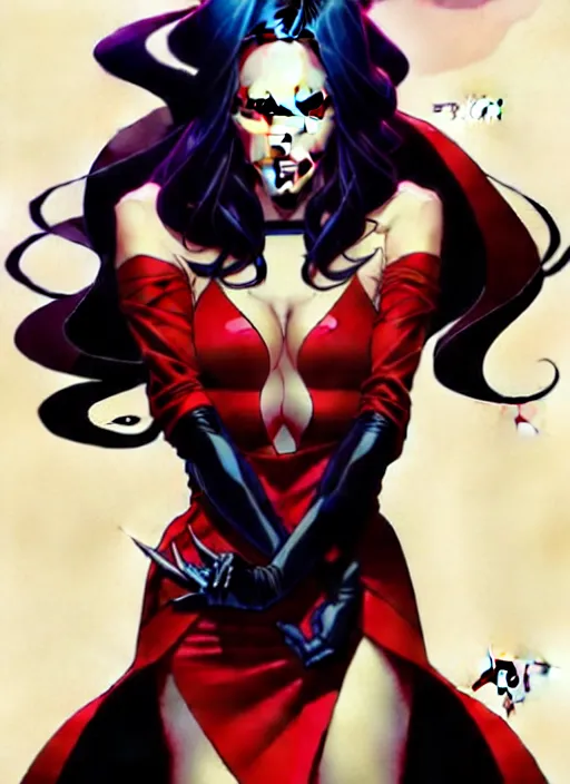 Image similar to artgerm, joshua middleton comic cover art, full body pretty megan fox vampire sharp teeth, red dress, symmetrical eyes, symmetrical face, long curly black hair, dark castle background background, cinematic lighting