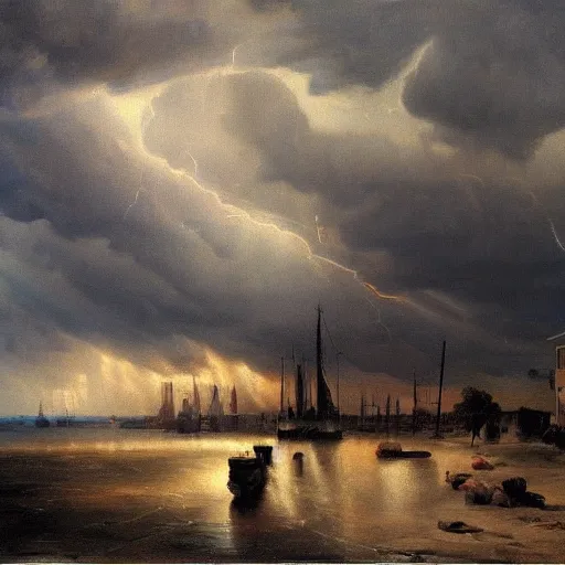 Prompt: oil painting of american old west town, harbour, dramatic storm clouds, dusty street, sunrays, dramatic, very very very beautiful art, cinematic lighting, romanticism by goya