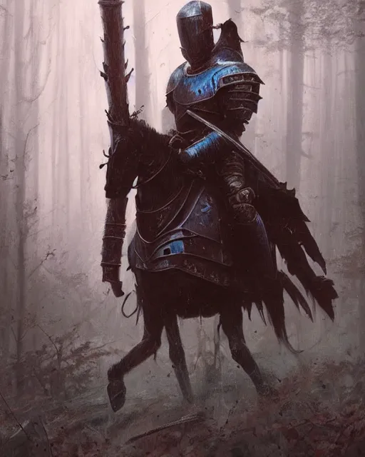 Prompt: Hyper realistic painting of a knight in rusty full plate armor wielding a greatsword, hyper detailed, surrounded by a dark forest, fog, moody, cinematic lighting, dim blue lighting, by greg rutkowski, trending on artstation