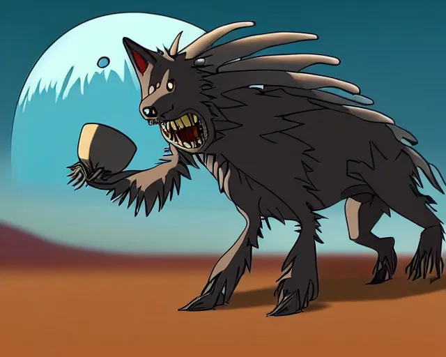 Image similar to “ a cell shaded cartoon grey lovecraftian mechanized wolf from howl's moving castle ( 2 0 0 4 ) with a big head, on a desert road, wide shot ”