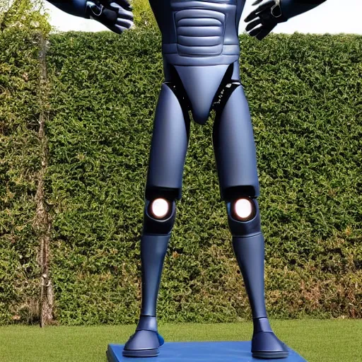 Image similar to a realistic detailed photo of a guy who is an attractive humanoid who is half robot and half humanoid, who is a male android, soccer player martin ødegaard, shiny skin, posing like a statue, blank stare, by the pool, on display, showing off his muscles, humanoid robot, frozen ice statue