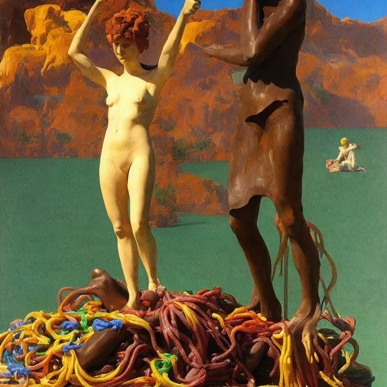 Prompt: A Monumental Public Sculpture of a Hand Making Thumbs Up Gesture made out of Gummy Spaghetti on a pedestal by the lake, surreal oil painting by John Singer Sargent and Maxfield Parrish and Max Ernst shocking detail hyperrealistic studio lighting