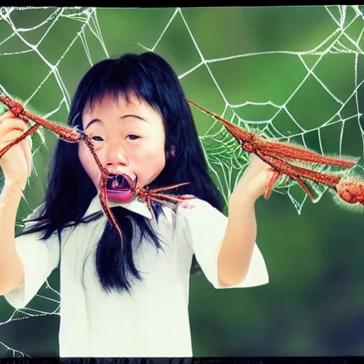 Image similar to National Geographic photo of angry japan school girl with spiders in her mouth