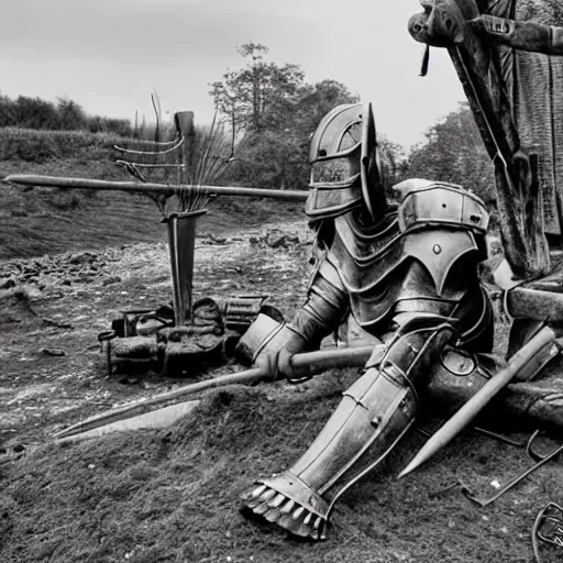 Image similar to wise angle photo of viking in armor working on the mechanical ancient device, tools and junk on the ground,wires and lights, old village in the distance, vintage old photo, black and white, sepia