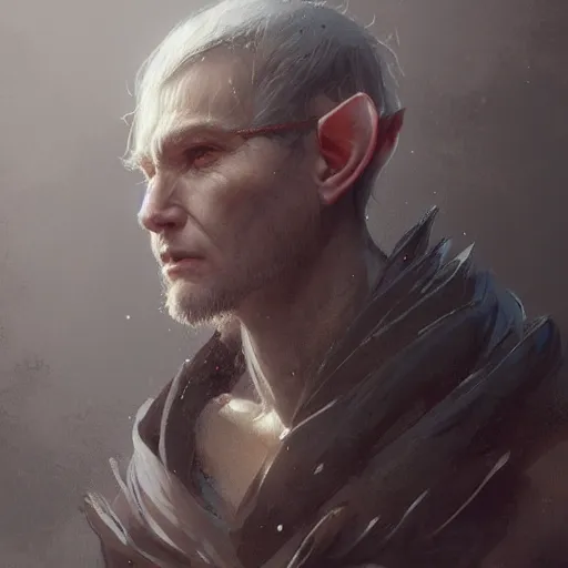 Image similar to Portrait of a tall middle aged elf wearing a cloak, detailed face, fantasy, highly detailed, cinematic lighting, digital art painting by greg rutkowski