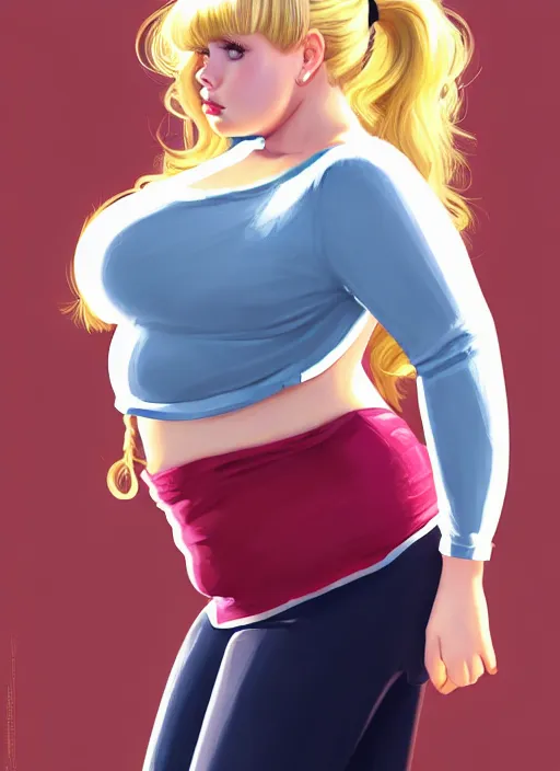 Image similar to full body teenage betty cooper, blonde hair, obese, bangs, ponytail, sultry, realistic, sultry smirk, ponytail, fluffy bangs, curly bangs, fat, belly, beautiful girl, intricate, elegant, highly detailed, digital painting, artstation, concept art, smooth, sharp focus, illustration, art by wlop, mars ravelo and greg rutkowski