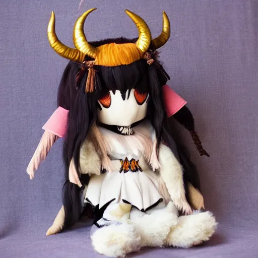 Image similar to cute fumo plush of a goat girl with horns, anime girl, tribal outfit with intricate celtic knot patterns, gothic maiden shaman, pagan goddess, glowing, bokeh, artstation, gamecube