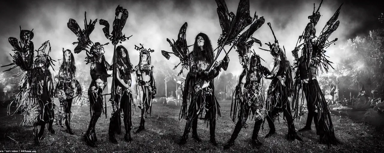 Prompt: award-winning photography of a rock black metal group with costumes inspired by insects, playing music in a concert