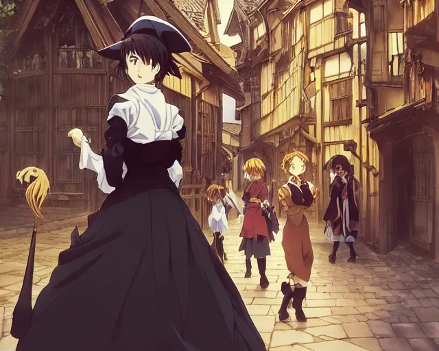 Image similar to kyoani, murata range, key anime visual portrait of a young female witch walking through a busy medieval village, dynamic pose, dynamic perspective, cinematic, dramatic lighting, muted colors, detailed silhouette, textured, anime proportions, alphonse mucha, perfect anime, yoh yoshinari, takashi murakami