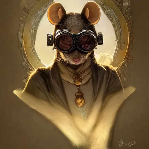 Prompt: anthropomorphic rat with goggles on his forehead, D&D, fantasy, intricate, elegant, highly detailed, digital painting, artstation, concept art, smooth, sharp focus, illustration, art by artgerm and greg rutkowski and alphonse mucha