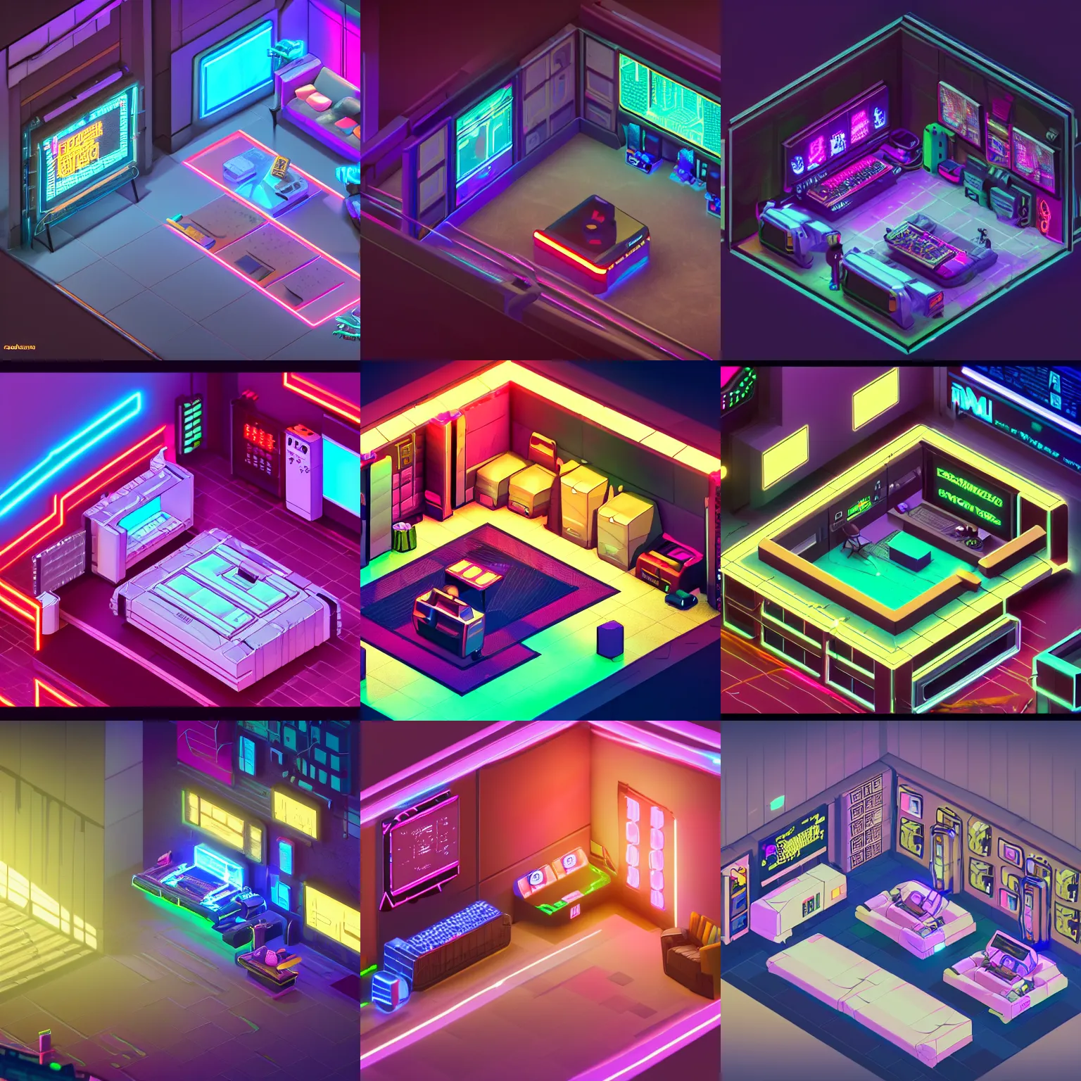 Prompt: an isometric render of a cyberpunk gaming room. view from above, isometric, dark background, soft shadows, neon lights. rendered in blender with eevee. concept art, 4 k