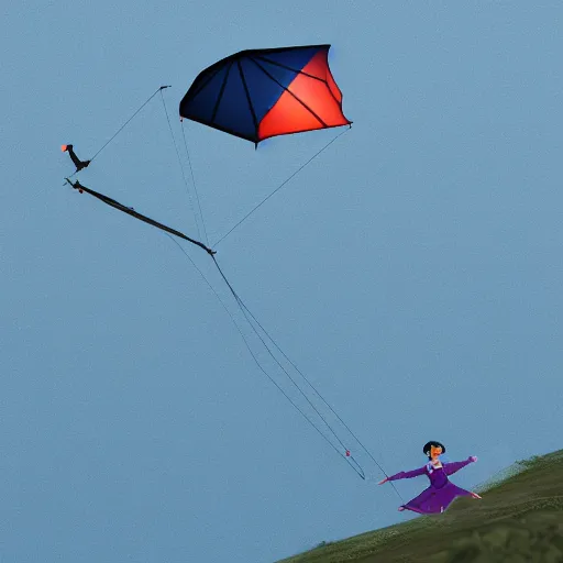 Image similar to mary poppins holding a mattress freeride kite naish pivot s 2 6 kite being blown to the sky by the strong wind. 3 d octane render