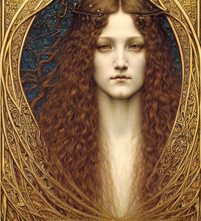 Image similar to detailed realistic beautiful young medieval queen face portrait by jean delville, gustave dore and marco mazzoni, art nouveau, symbolist, visionary, gothic, pre - raphaelite. horizontal symmetry