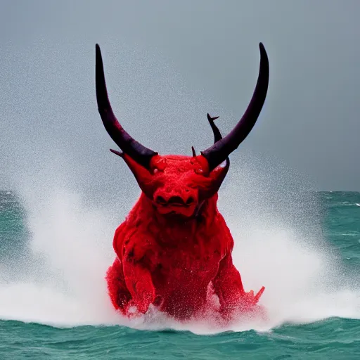 Image similar to a devilish red monster with horns emerging from boiling rough seas, photo by david lachapelle, s - 5 0